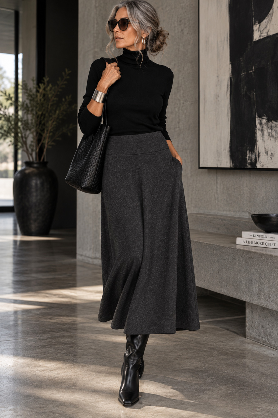 Eileen Fisher Sz M Dark Charcoal Gray Stretch Knit Midi Skirt Pull On Minimalist